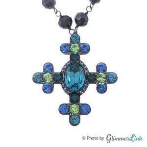 Akkad Blue & Green Sparkling Cross Black Faceted Glass Beads Necklace